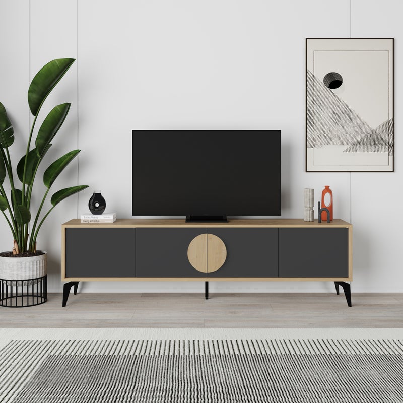 Mourah Home Gora Tv Stand Up To 70 Inches Tvs | Modern Tv Cabinet 4Door | Modern Tv Units For Living Room | Storage Cabinet | 180X35.6X51 Cm | Sapphire Oak-Silky Black- 2 Years Warranty - Image 2